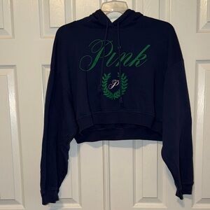 PINK Victoria's Secret Navy Cropped Hoodie with Green Logo